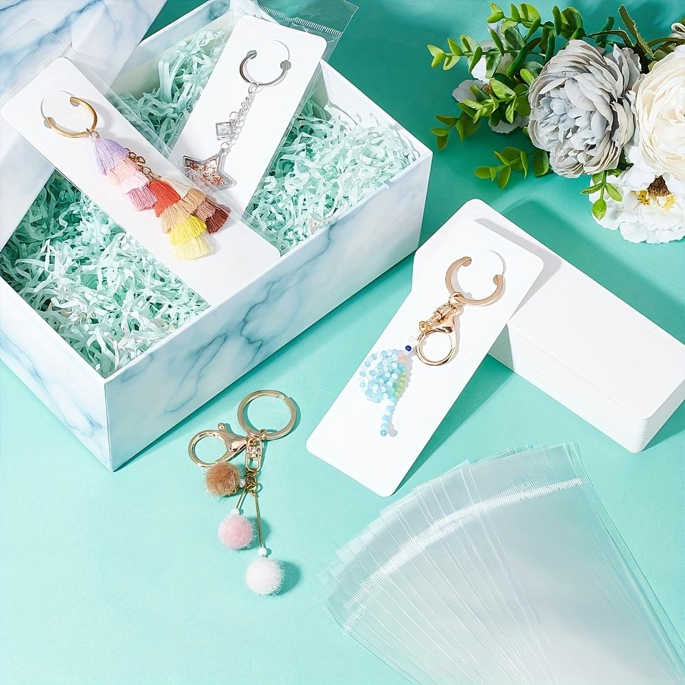100pcs White Keychain Display Package Paper Cards Holder with 100pcs Transparent Self-Sealing Bags for Selling Bracelet Keyring Small Business