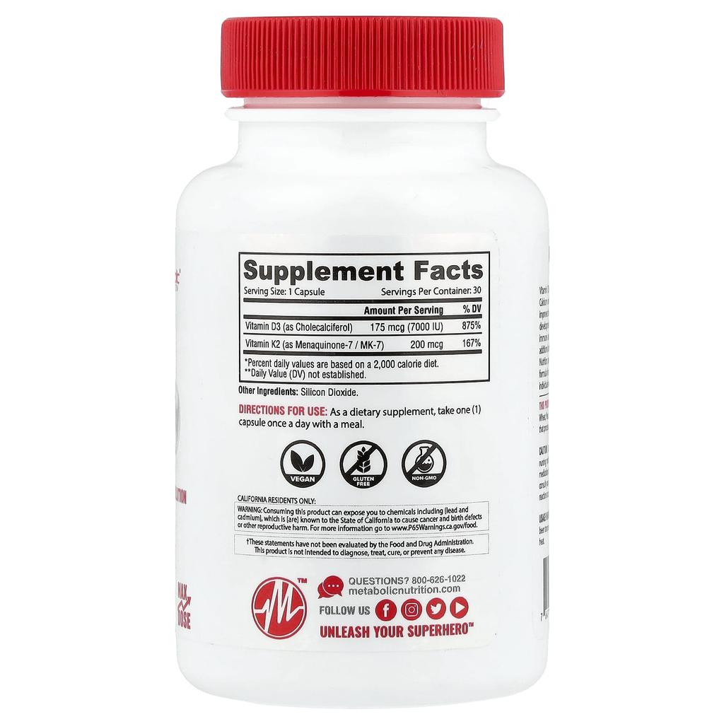 Metabolic Nutrition, Vitamin D3 + K2, 30 Capsules