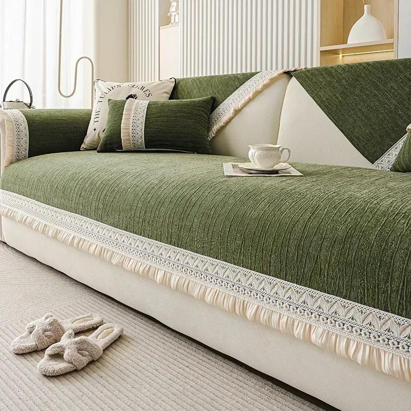 Luxury Chenille Couch Cover With Skirt Non-Slip Sofa Cover Four Seasons Sectional Sofa Armrest Backrest Cover For Living Room