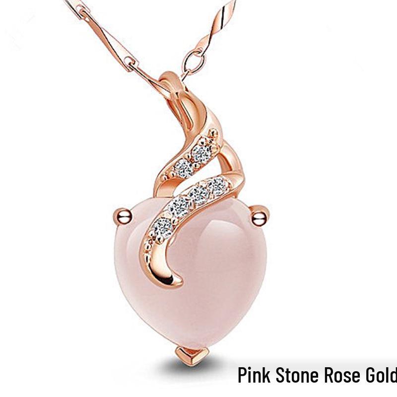 Korean Style Rose Gold Heart Necklace with Natural Rose Quartz Pendant - Women's Pink Crystal Clavicle Chain