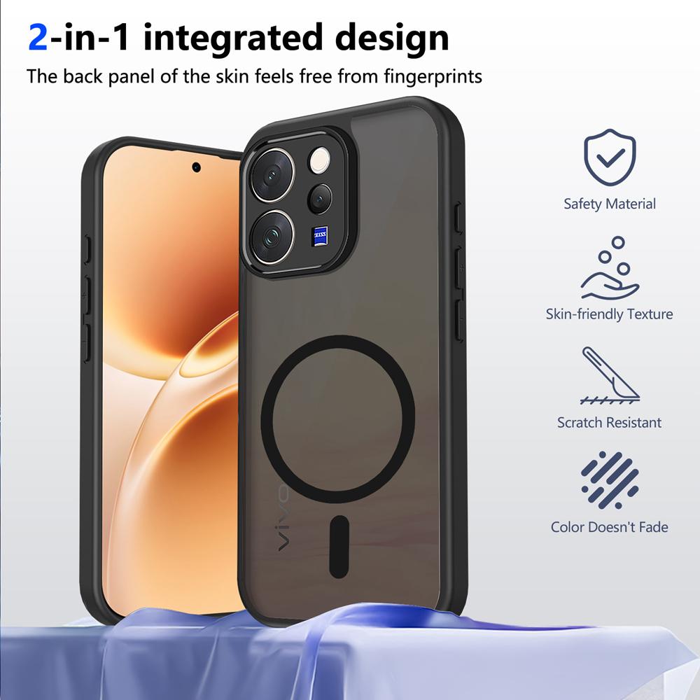 KEYSION Magnetic Phone Case for for VIVO V70 5G Soft Silicone+PC Matte Translucent Black Shockproof Back Cover for VIVO V70