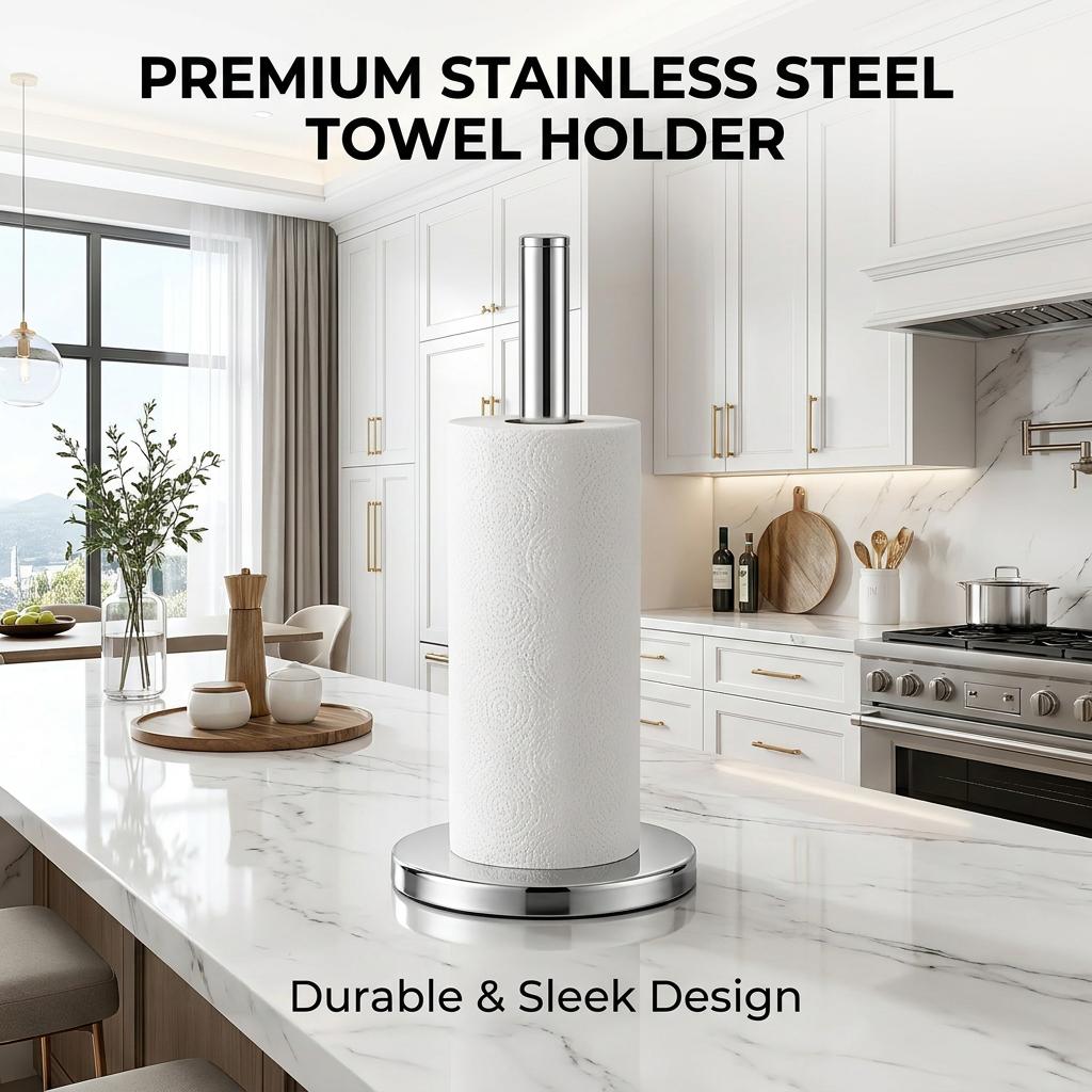Modern Premium Stainless Steel Free Standing Paper Towel Holder with Stable Black Base Kitchen Roll Holder