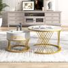 2-in-1 Runder Couchtisch aus MDF, Beistelltisch mit Marmorplatte und Schubladen aus Kunststoff-Rattan, Griffe aus Massivholz. Goldene Eisenfüße.