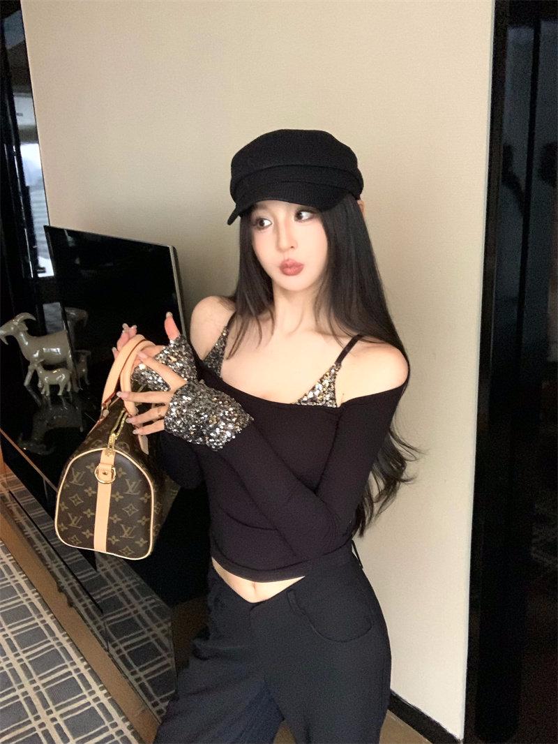Korean Spicy Girl Sequin One-Shoulder Sequin T-shirt - Women s Autumn/Winter Cropped Slim Fit Small чёрный