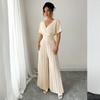 Damen Jumpsuit mit langen Ärmeln, Falten und weitem Bein, V-Ausschnitt und hoher Taille für elegante Alltagsmode