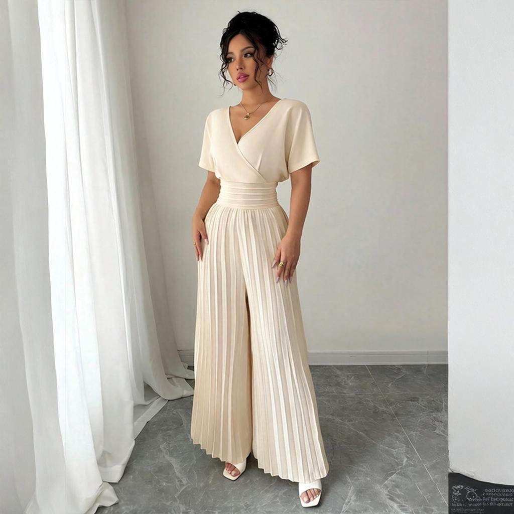 Damen Jumpsuit mit langen Ärmeln, Falten und weitem Bein, V-Ausschnitt und hoher Taille für elegante Alltagsmode