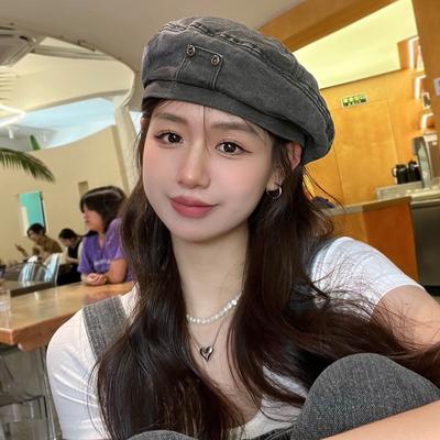 Copper Buckle Washed Denim Berets Women Solid Color Cotton Octagonal Cap Retro Literary Fashion Personality Newsboy Painter Hats Mujer Flat Cap