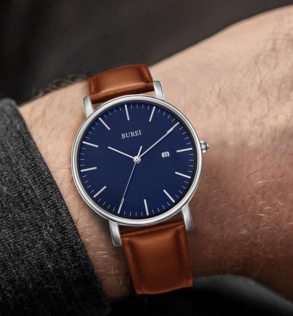 BUREI Leather Popular Simple Perfect for Commuting Men's Watch, Brand, Analog, Waterproof, Stylish, (Blue-Brown) [Used]