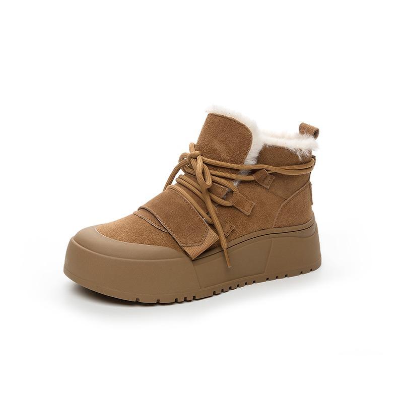 Fur Integrated Snow Boots Women's Winter Warm Velvet Short Boots Thick Sole Non-slip Fashion Leather High-top Cotton Shoes