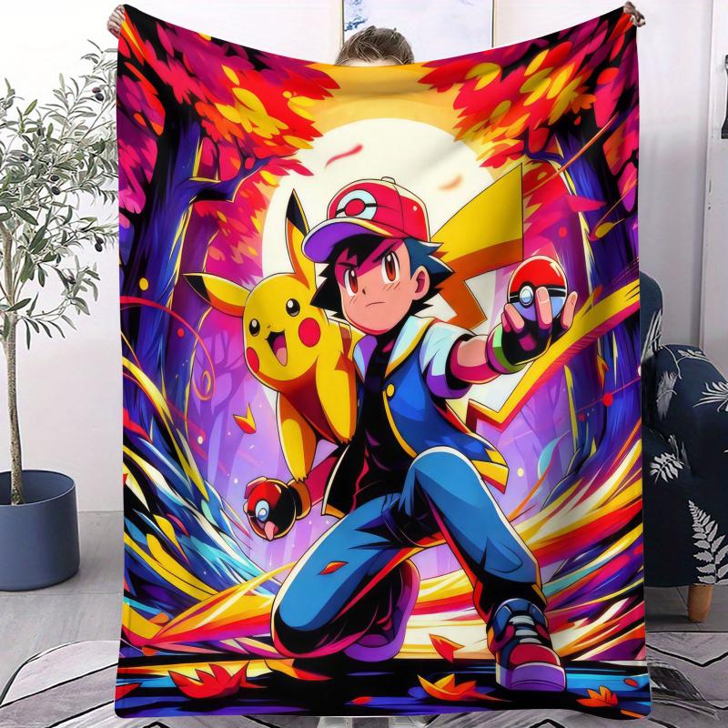 Pokémon Anime Flannel Blanket Vibrant Pikachu Ash Print Soft Warm Throw Sofa Bed Cover Camping Nap Cape Kids Adults Fans Gift