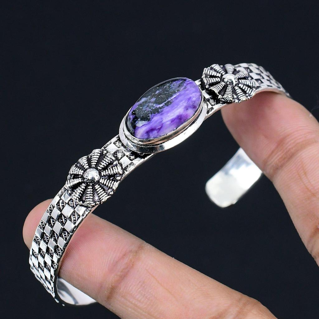 Natural Charoite Gemstone Bangle Purple Adjustable 925 Sterling Silver Jewelry