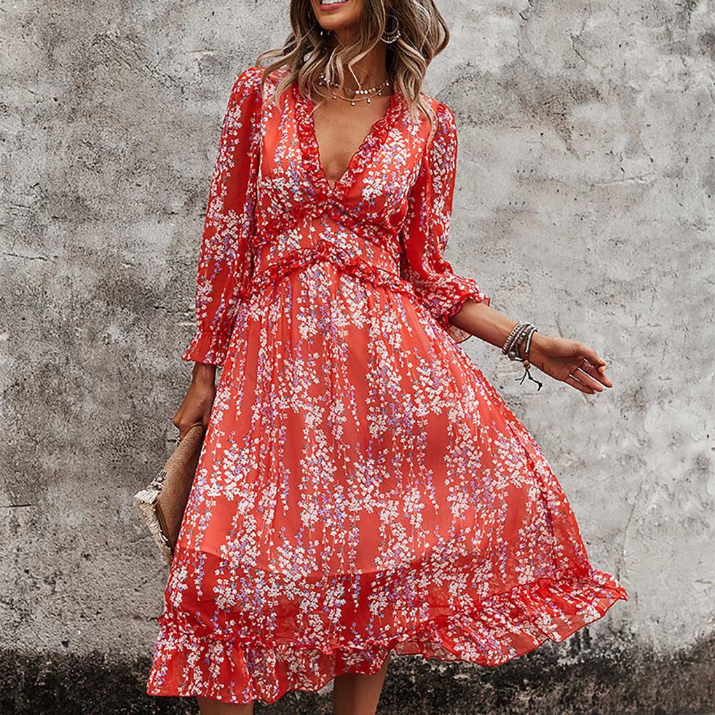 Women's Fashion Sexy Slim Casual V-Neck Chiffon Floral Dress