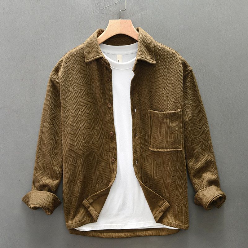 2025 New Knitted Long-Sleeved Shirt for Men, Thickened, Loose, Casual, Soft, Japanese Retro Workwear Shirt Jacket