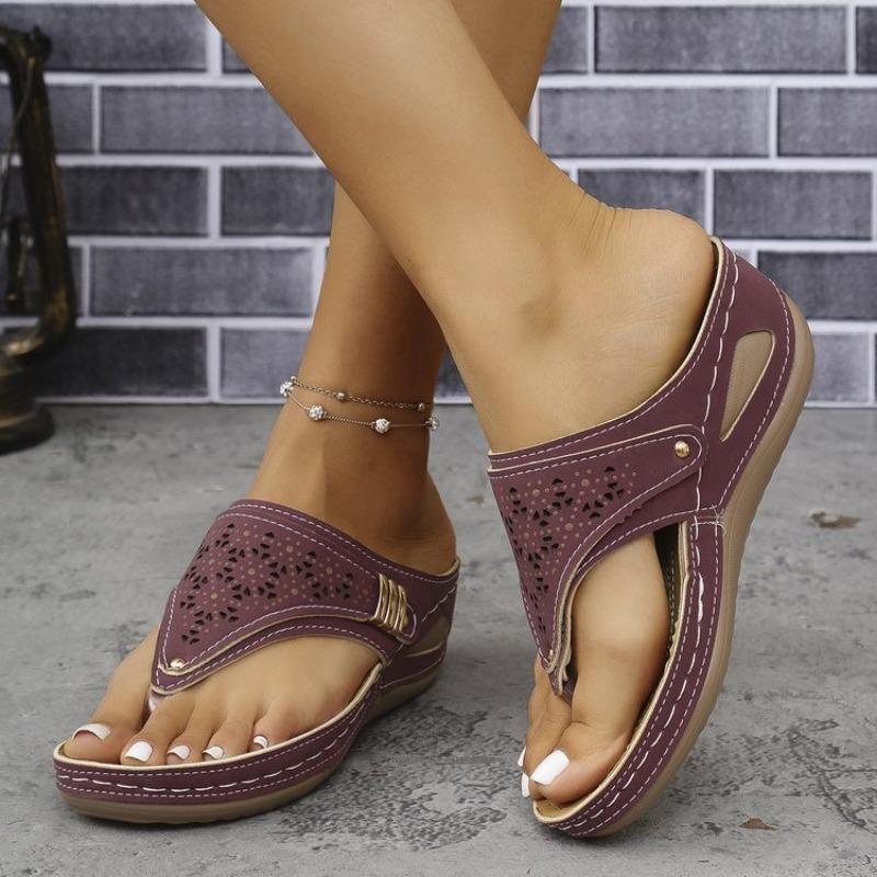 Large size solid color summer new round head thick bottom fashion hollow out wear flip-flop sandals women