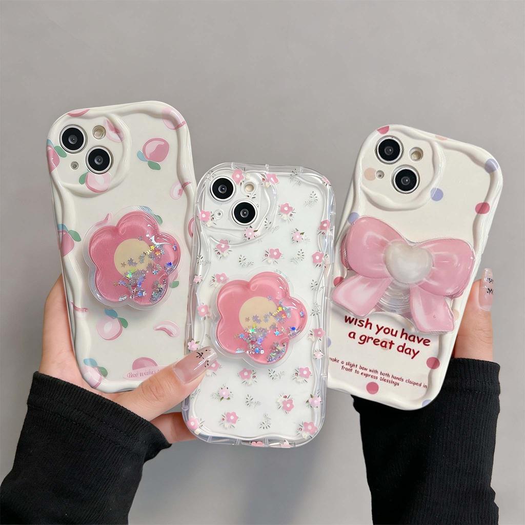 Korean Flower Bracket Holder 3D Wave Case For Realme 15 5G 15 14 13 12 Pro 11 Plus C71 C75 C53 C55 Note 60 C61 GT6 Cover Funda S