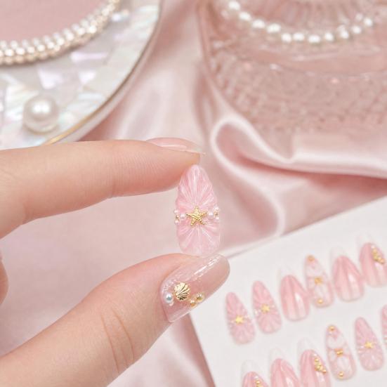 24 Pcs 3d Shell Starfish Press on Nails Ocean Long Stick-On Fake Nails Almond French