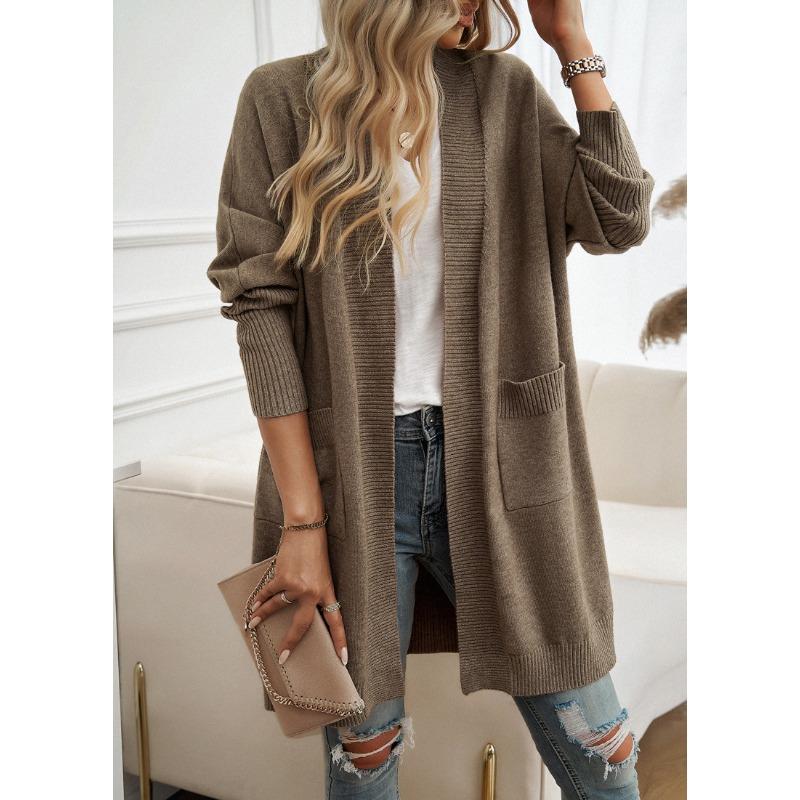 Women Bat Sleeve Cardigan Solid Color Knit Sweater Cardigan Coat
