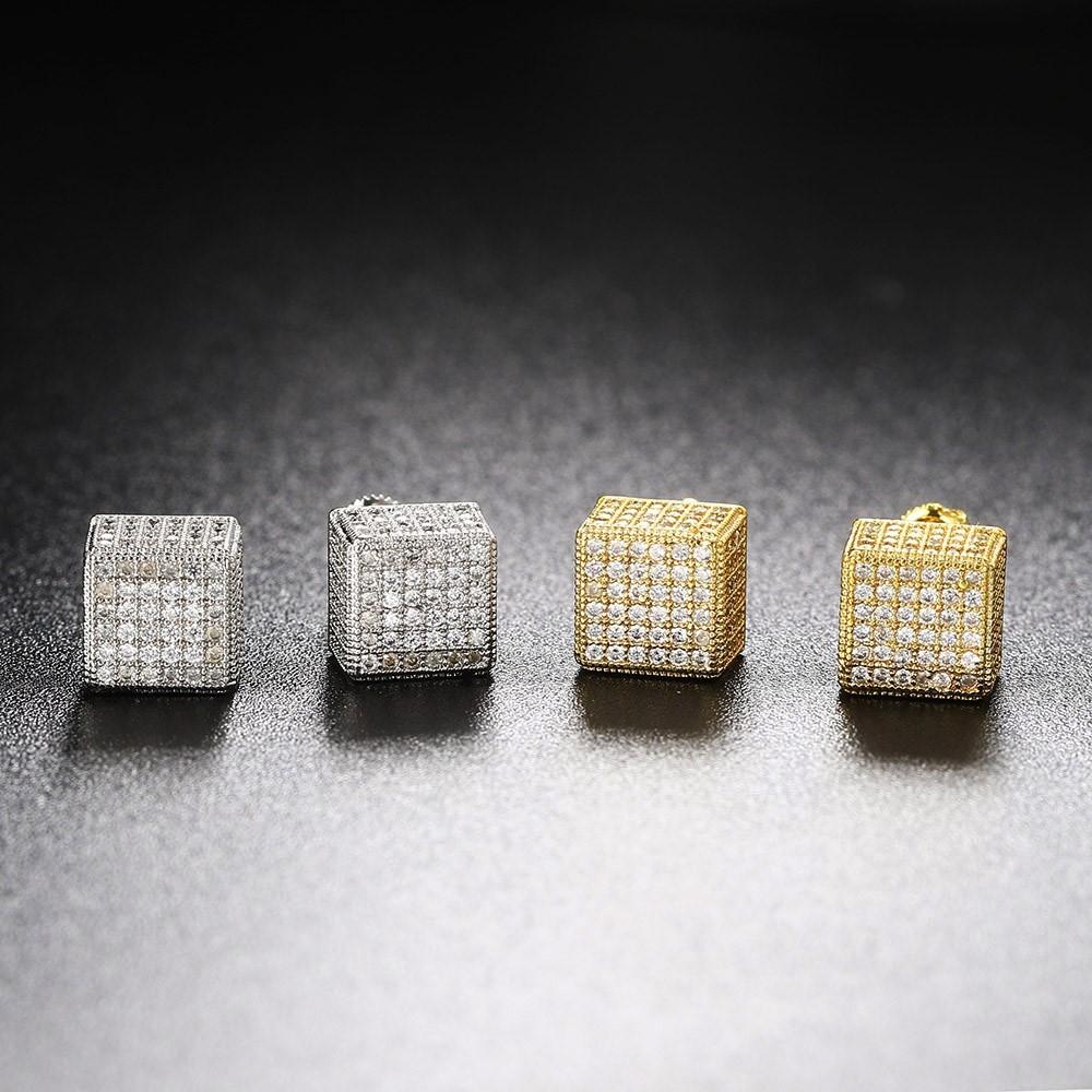 Hip Hop Cube Iced Out Stud Earrings For Women Men Square Micro Pave Crystal CZ Stud Earring Jewelry Accessories Gift OHE109