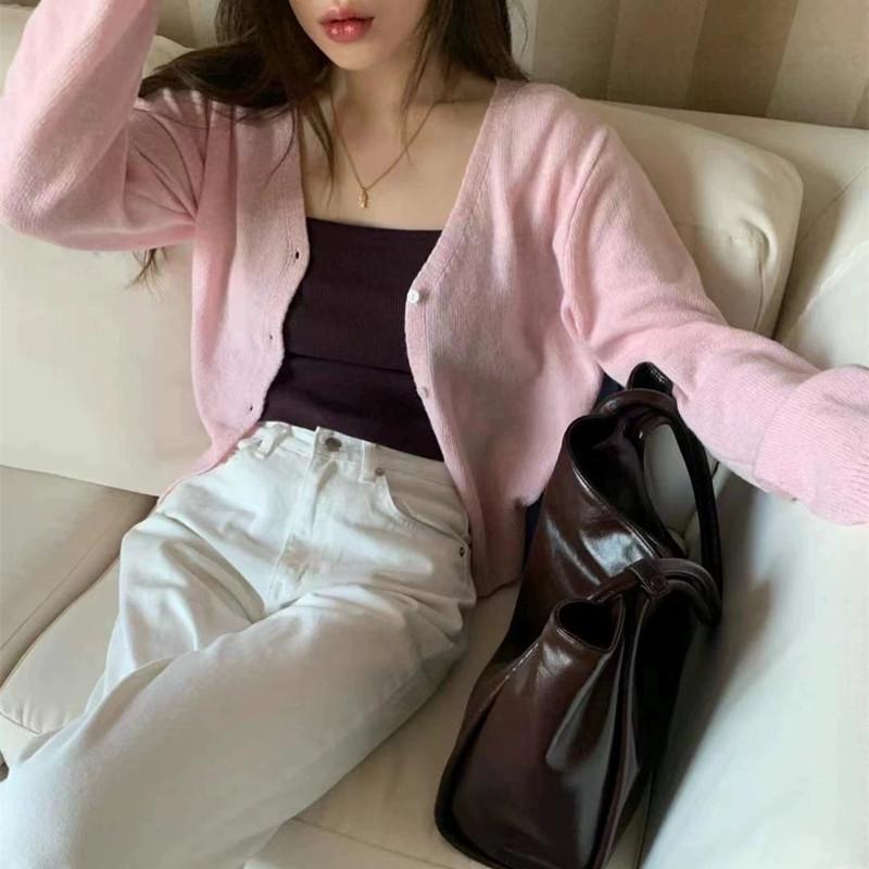 Korean V Neck Cropped Knit Cardigan Women Coat Spring Autumn Solid Color Elegant Slimming Top
