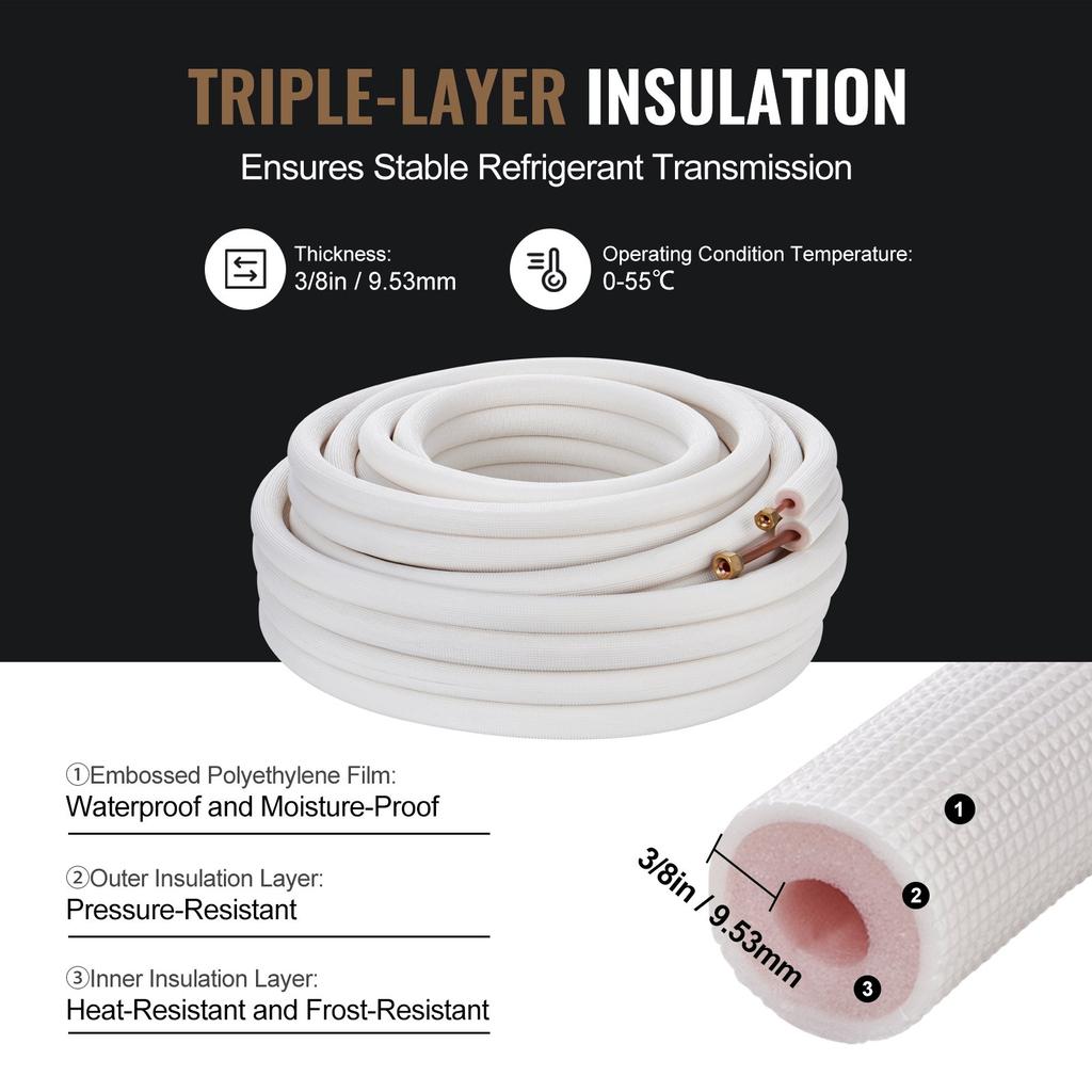 VEVOR 15240mm Mini Split Line Set, 6.4 & 9.5mm O.D Copper Pipes Tubing and Triple-Layer Insulation