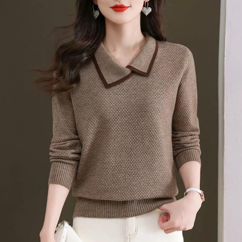 Autumn new simple lapel design knitted sweater casual commuting lazy mother top women
