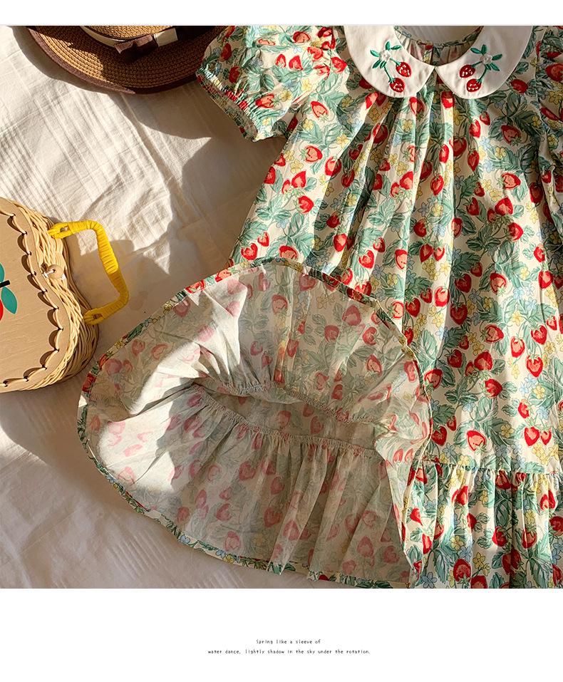 2026 Summer Strawberry Embroidered Doll Collar Girls' Dress - Sweet Short Sleeve Cake Skirt Style