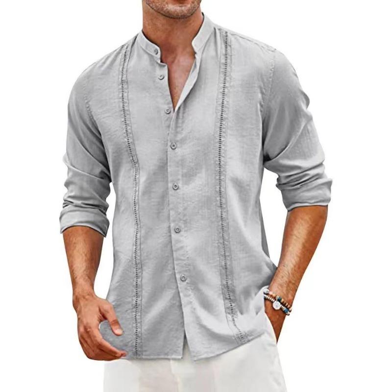 Cotton linen shirt stand-up collar European and American men's casual buttons summer beach vacation