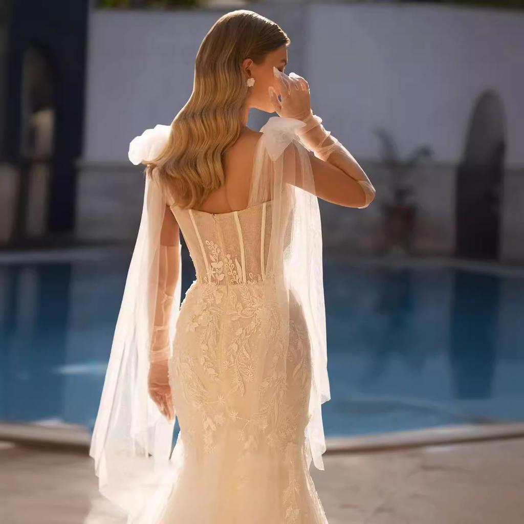 Wedding dress temperament summer new one-word shoulder wedding dress large skirt disassembly lace trailing wedding dress