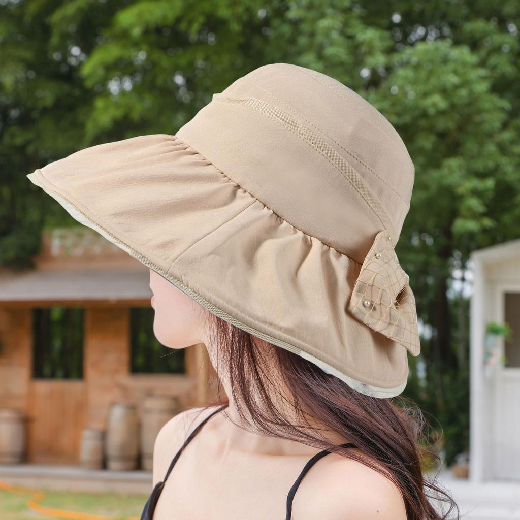 New High-end Mesh Bow Bucket Hat Women's Spring and Summer Light Foldable Sunscreen Sunshade Basin Hat Elegant and Versatile