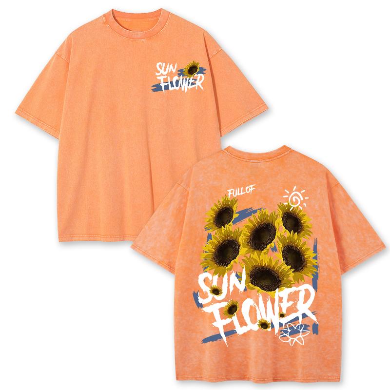 Yellow Cartoon Little Daisy Print Ladies T-Shirt Loose Wash Oversized Short Sleeve American Vintage Street Top Casual Tee