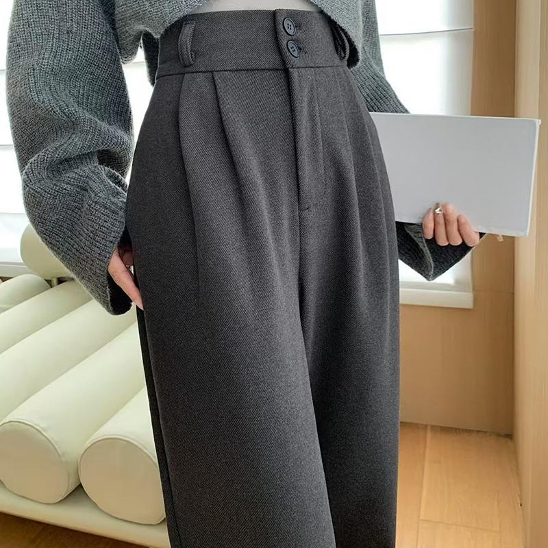 Autumn Winter High Waist Woolen Women's Wide Leg Pants New Button Korean Casual Loose Straight Full Length Trousers Female