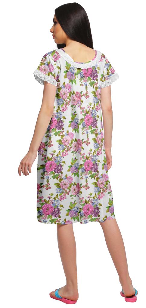 Moomaya Printed Short Sleeve Knee Length Nightdress Round Neck Sleepwear