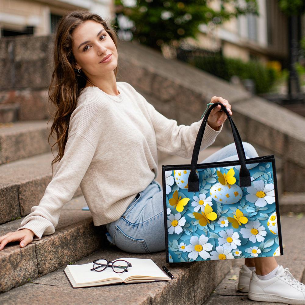 Easter Floral Tote Bag Butterfly Canvas Handbag for Daily Use