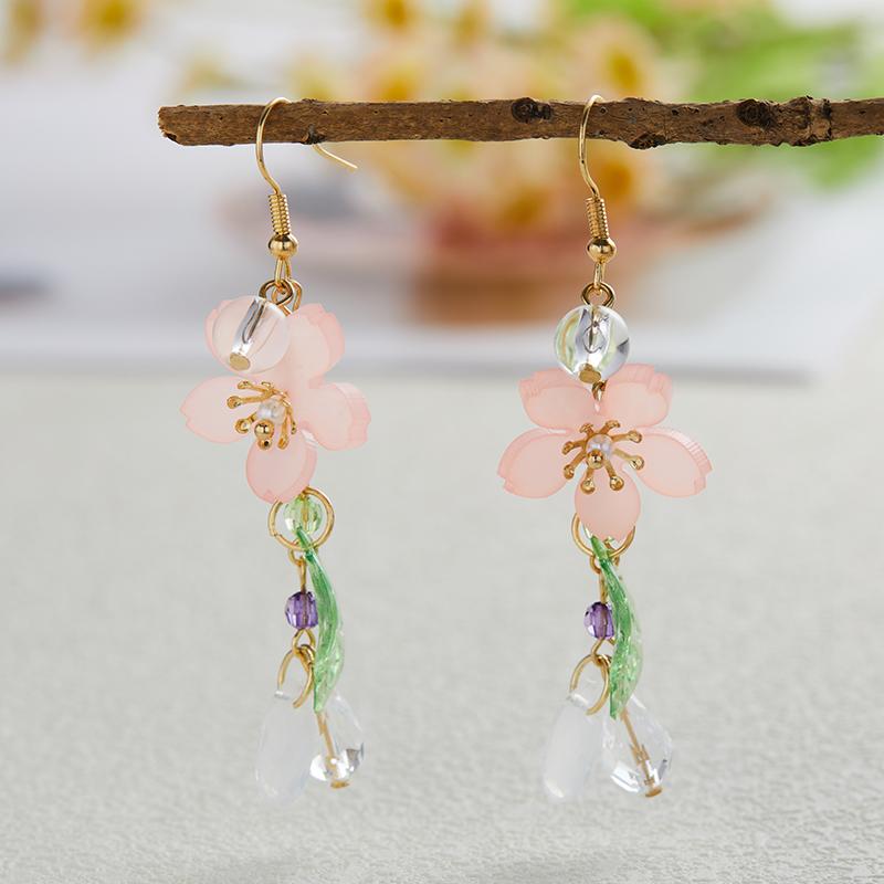 Sweet Romantic Pink Flower Leaves Earrings Women's Long Tassel Drop Earrings Elegant Holiday Party Gift Accessories