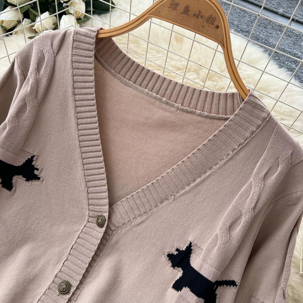 Autumn Winter Sweet Bow Jacquard Sweater and Pants Two-Piece Set Women's Knitted Cardigan High-Waisted Wide-Leg Pants Suits