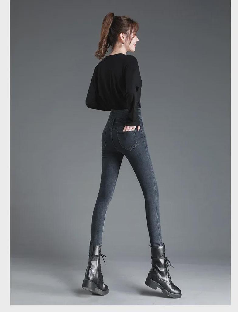 2023 Neue Plüsch-Röhrenjeans mit hoher Taille für Damen für Herbst/Winter, Slim Fit-Freizeithose mit Knöpfen