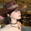 1Pc This Jazz Hat  Its Unique Texture Design  Features A Distinctive Bull Head Belt With Riveted.Instantly Catches The Eye And