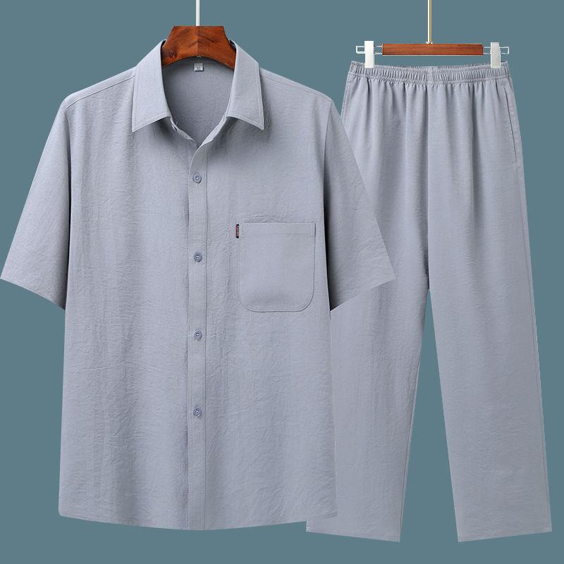 

Летняя рубашка с короткими рукавами, мужской тонкий костюм, рубашка для людей среднего и пожилого возраста, свободный костюм для дедушки XXXXL светло-серый