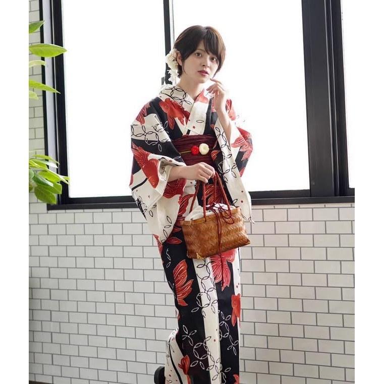 JIUJIUYCL Yukata two-piece ladies kimono womens single item 2-piece set 3-piece obi tied geta wrinkle-resistant Japanese pattern floral goldfish cute