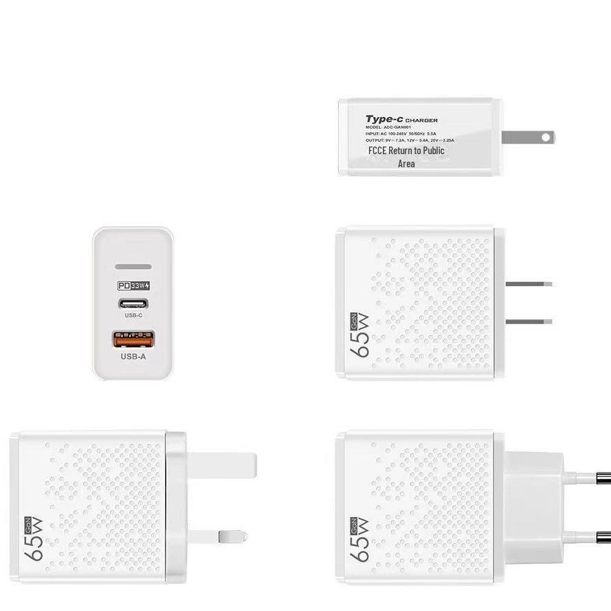 65W Multi-Port USB-C/PD Charger with LED for US, EU, UK - Slow Charge Mobile Devices