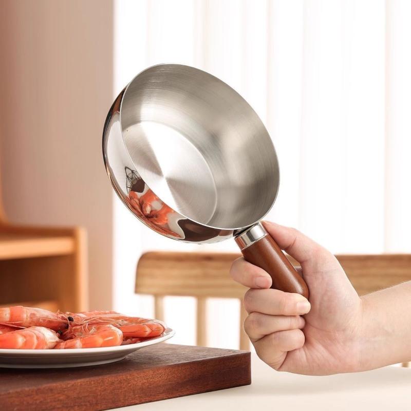 Single-person Stainless Steel Pot Bowl Walnut Wood Handle Fruit Salad Yogurt Bowl Breakfast Cooking Tool Kitchen Restaurant