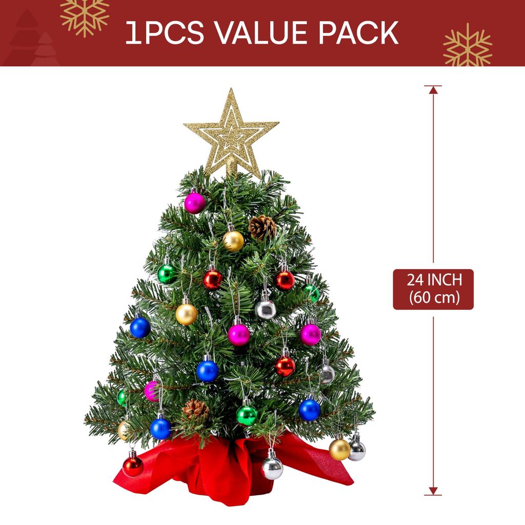 Joyfy 24 Inch Mini Christmas Tree with Lights Prelit Artificial Christmas Tree with Decorations Holly Berries Pine Cone Light Up