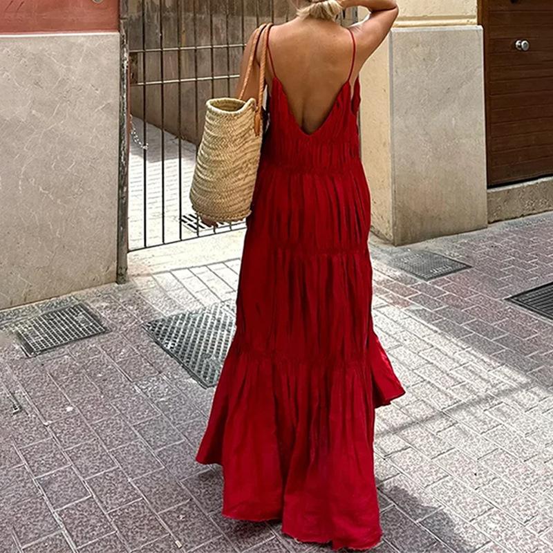 Women's Temperament, Elegant and Fashionable Suspender Pleated Solid Color High-waisted Long Dress