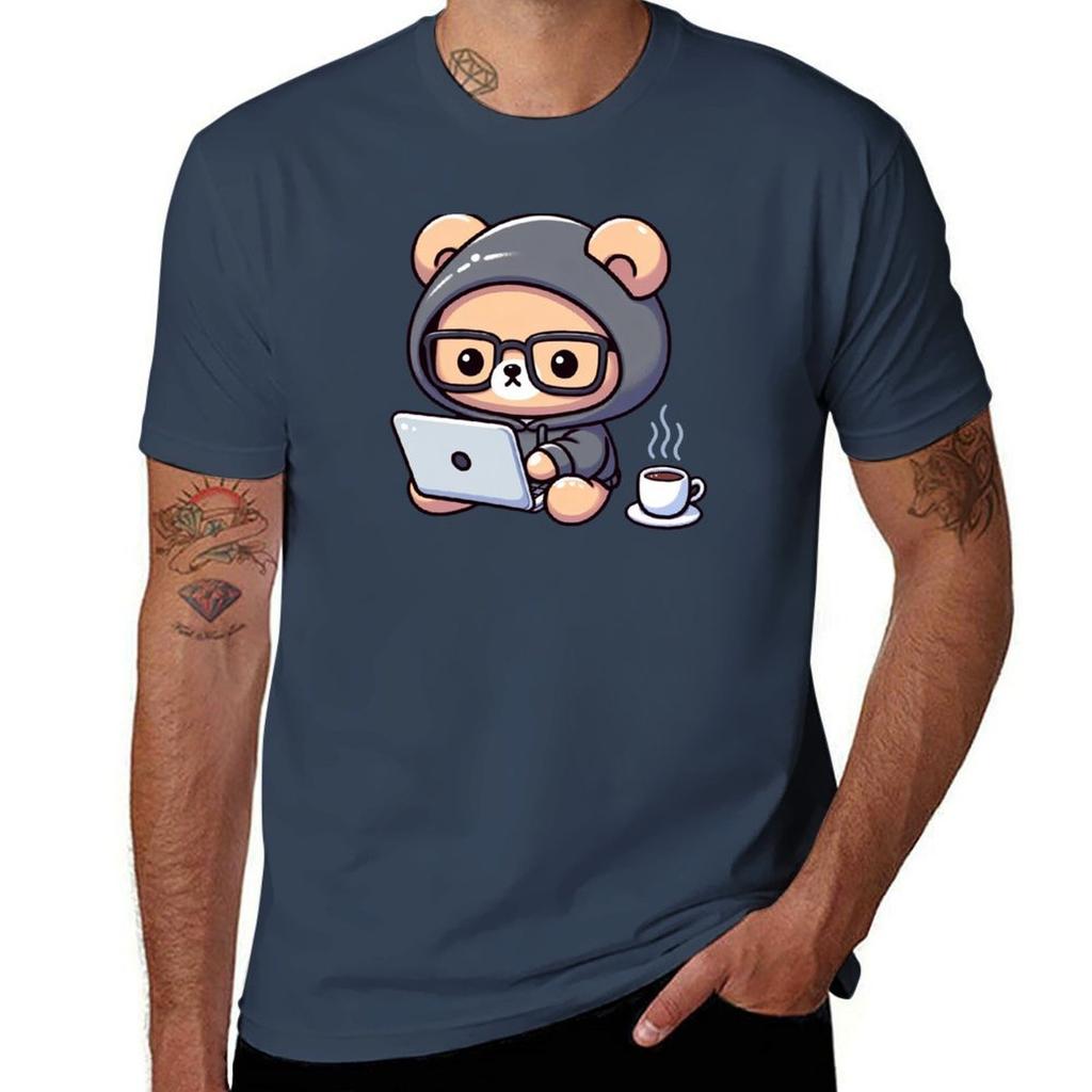 Code Caffeine Programmer Bear Crafting Kawaii Solutions Tshirt Active Sports Short Sleeve Cotton Shirt