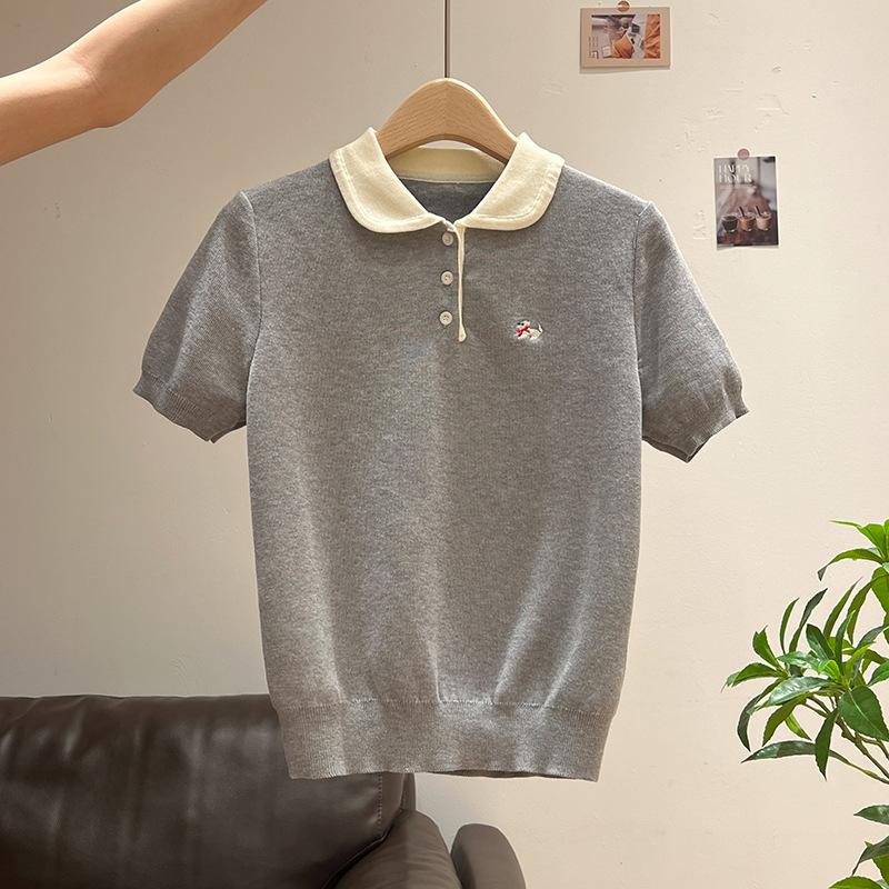 Super Good-looking Cute Embroidered POLO Neck Knitted Sweater Women's Summer New Button Pullover Slim-fitting Front Shoulder Short-sleeved