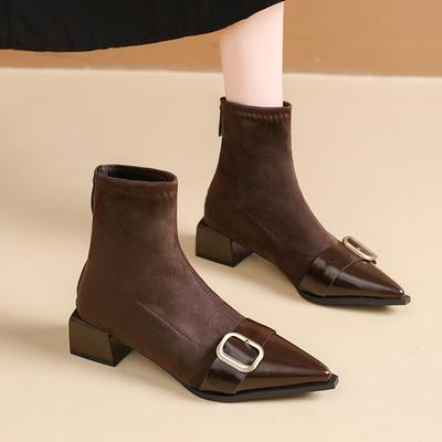 Nouvelles Chaussures Courtes Tendance pour Femmes Élégantes à Talons Bas Bottines Travail Femme Bottines Cheville Bout Pointu Designer Bottes de Luxe