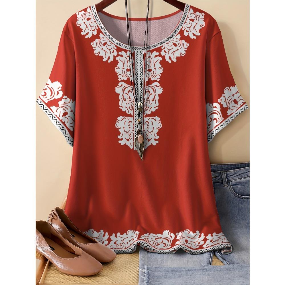 Summer Women's Vintage Style Flower Round Neck T-shirt 3D Printed Short Sleeved Fashionable Comfortable Soft Breathable Large Loose T-shirt