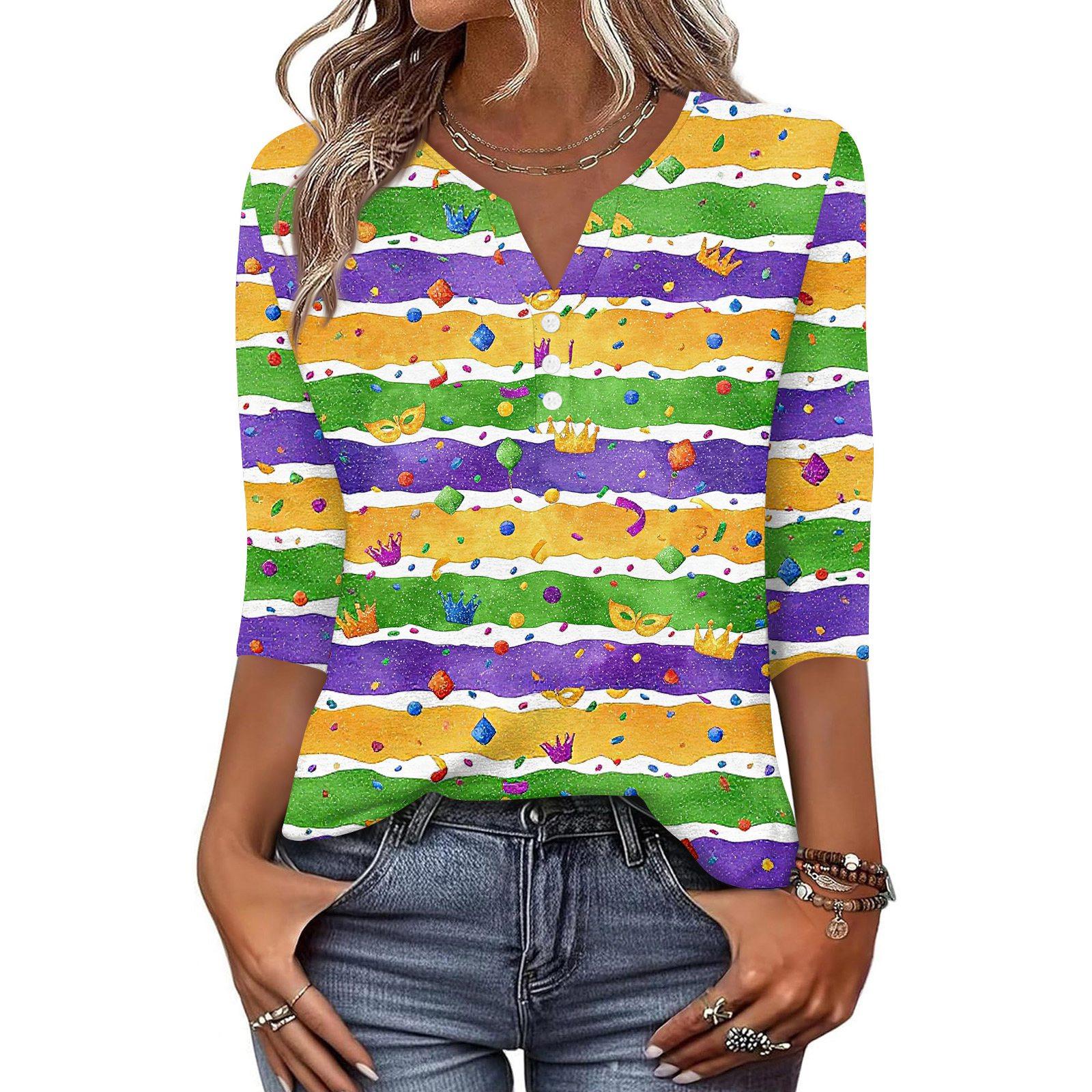 

Жен. Футболка С принтом Пуговицы Рукав 3/4 Повседневные Выходные Мода Классический Классический V-образный вырез Обычный Верх XL зелёный