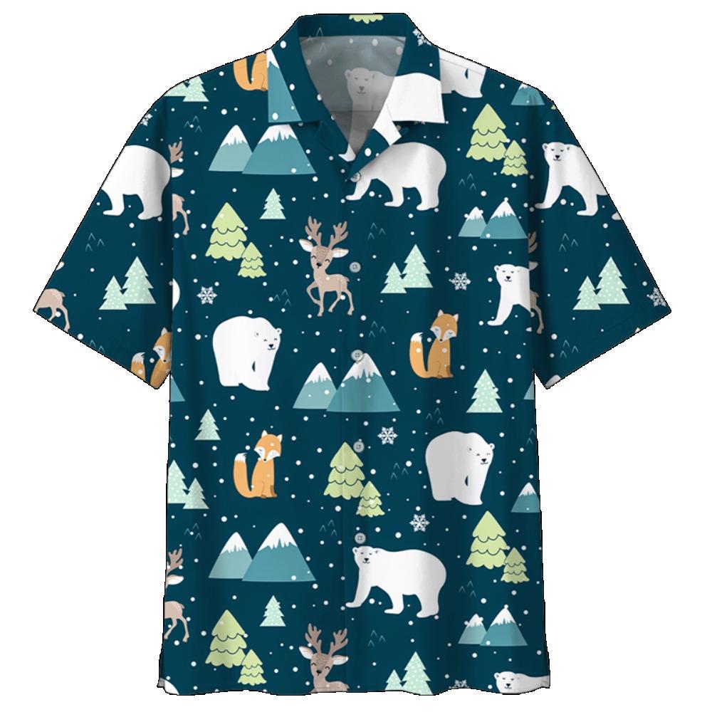Cute Polar Bear Pattern Aloha Shirt For Men 3D Printed Panda Animal Short Sleeve Loose Lapel Hawaiian Shirts Button Blouse