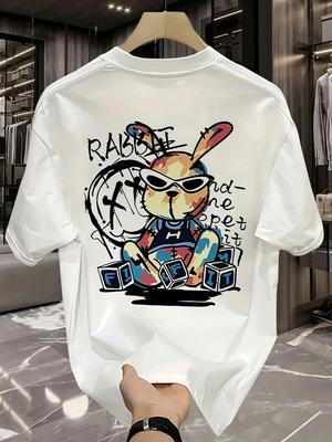 Summer Fashion 100% Pure Cotton Men's T-shirt, Casual and Soft, High-quality Black Rabbit Cartoon Pattern Printed Short-sleeved